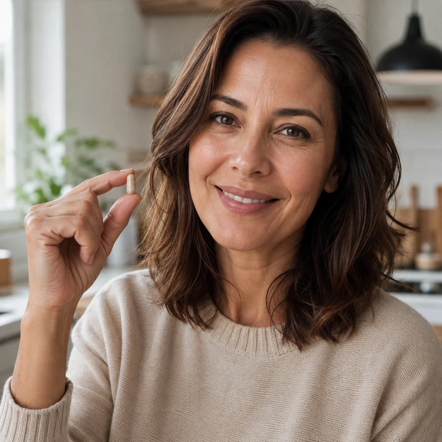 Mulher sorrindo na cozinha segurando uma cápsula