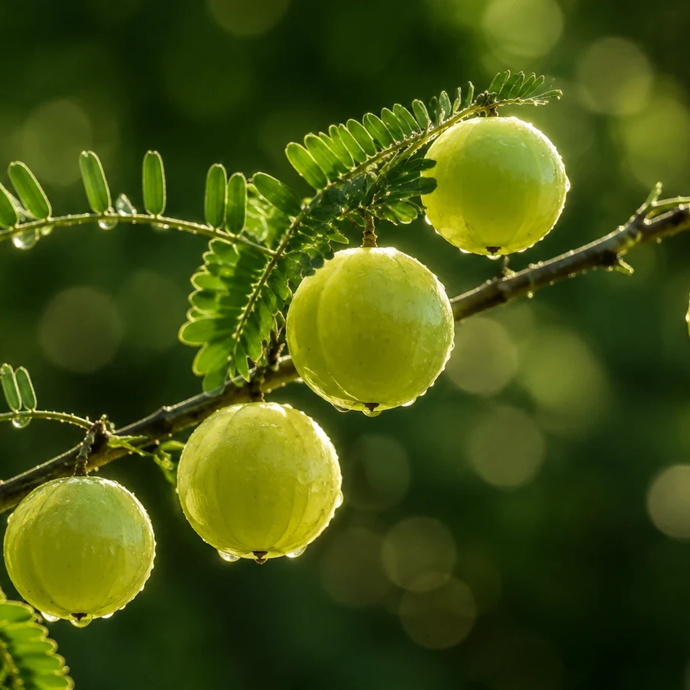 Frutos de amla ainda no galho, em contraluz