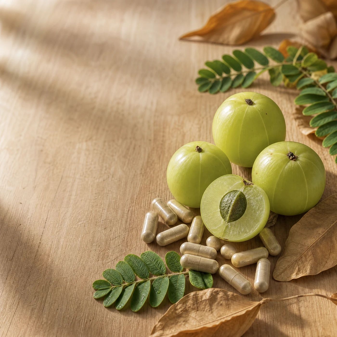 Frutos de amla, cápsulas e folhas sobre tábua de madeira clara