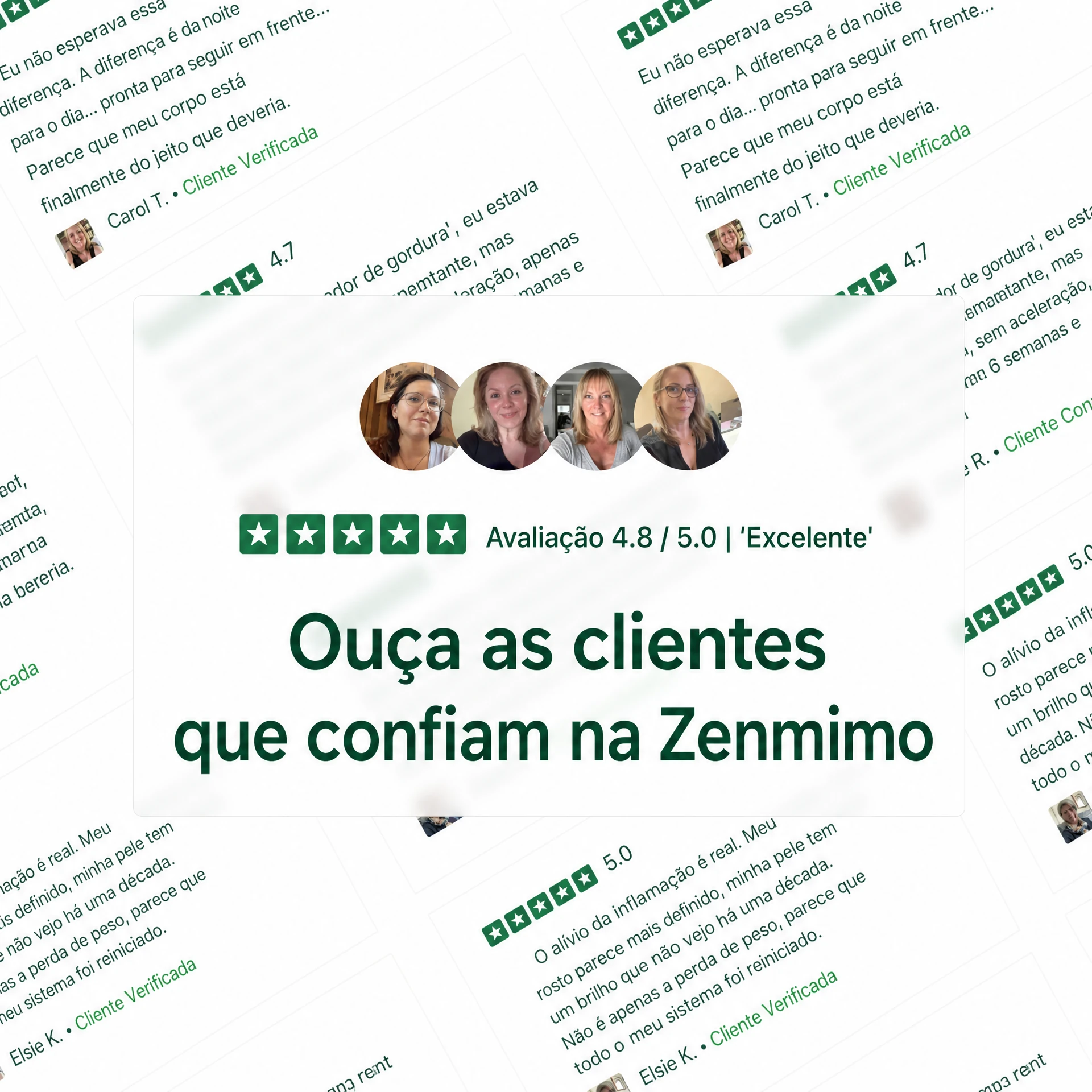 Colagem de avaliações de clientes verificadas, nota 4,8 de 5,0