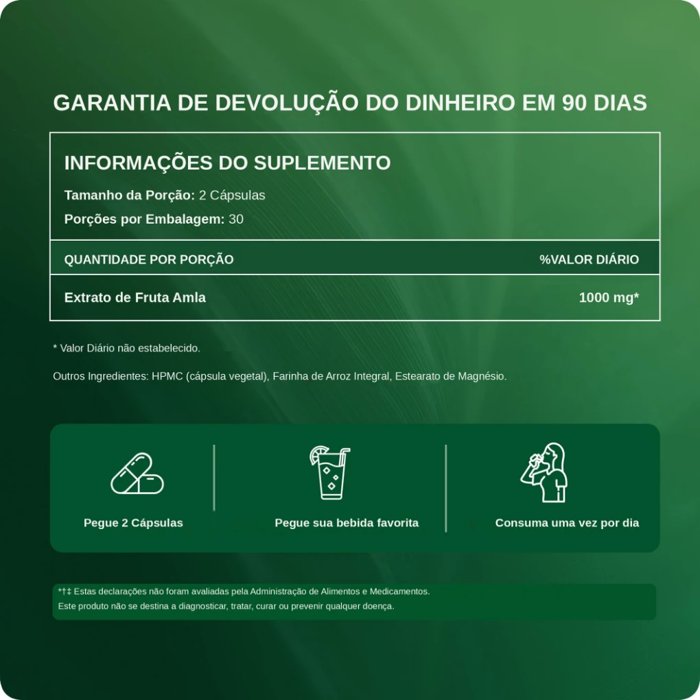 Informações do suplemento: 2 cápsulas por porção, 1000 mg de extrato de fruta Amla