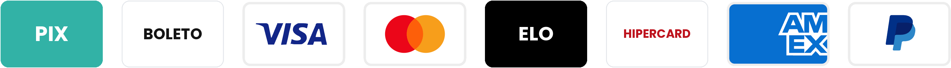 Pix, boleto, Visa, Mastercard, Elo, Hipercard, Amex e PayPal